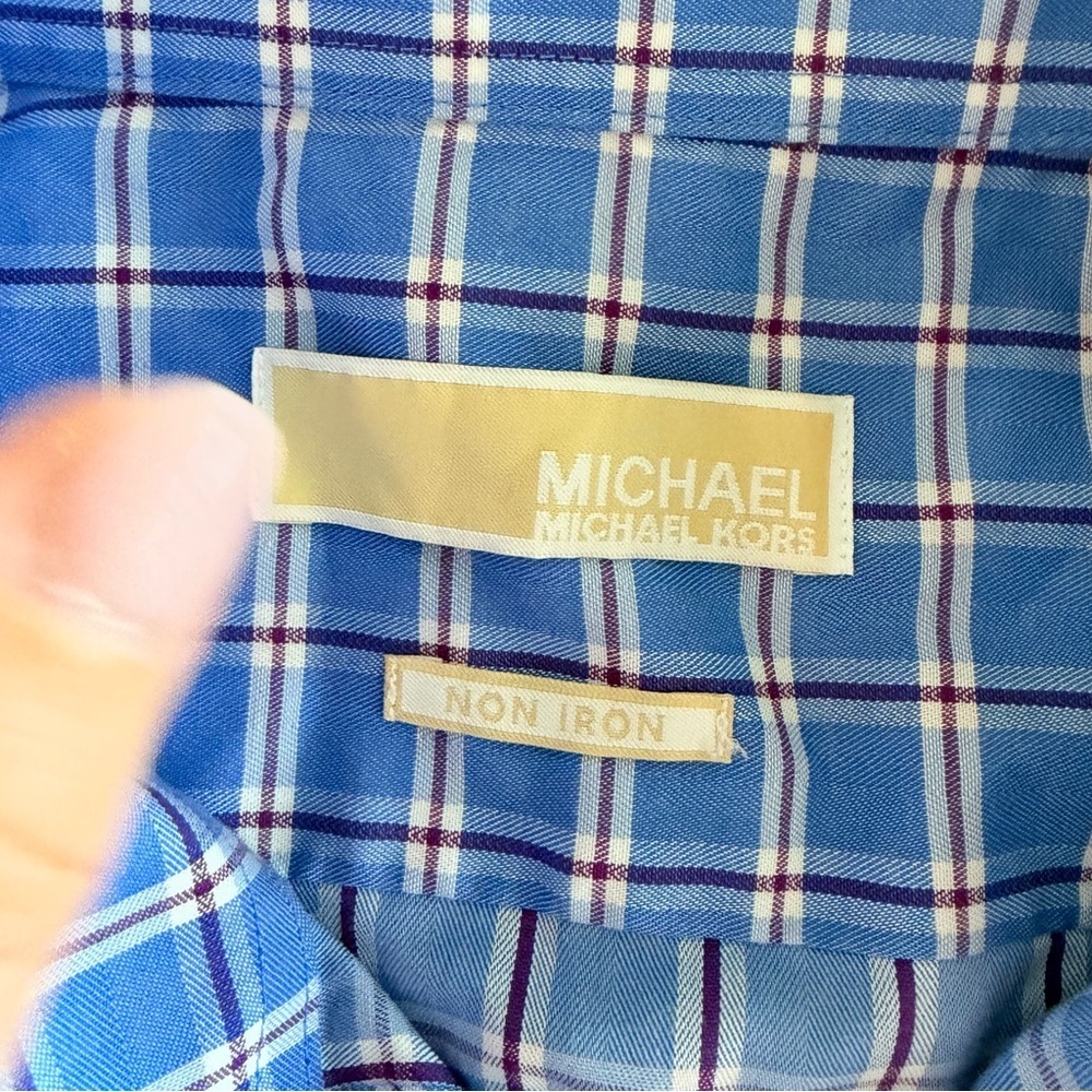 Michael Kors Blue Plaid  Button Down Non Iron Shirt 16 1/2 36/37 French Cuff Sle - Picture 5 of 7